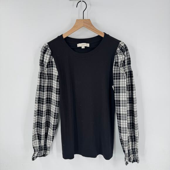 LOFT Black Ribbed Knit Top with Plaid Puff Sleeves Women’s Long Sleeve Shirt L - Picture 7 of 7